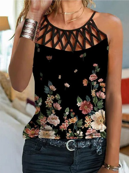 

Round Neck Vacation Floral Regular Fit Knit Tank, Black, Tanks & Camis