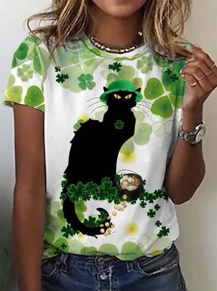 

Green Shamrock Cat Print Short Sleeve Crew Neck Plus Size Casual T-shirts, Multicolor, T-Shirts