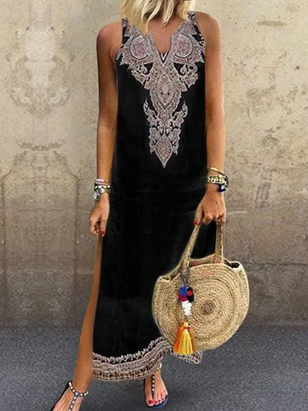 

Vacation V Neck Loosen Short Sleeve Woven Dress, Black, Maxi Dresses