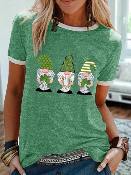 

St. Patrick's Day Gnome Clover Casual Short Sleeve T-Shirt, Green, T-Shirts