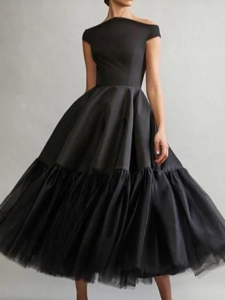 

Elegant Regular Fit Off The Shoulder Short Sleeve Woven Dress, Black, Maxi Dresses