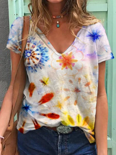 

Casual Loosen Short Sleeve Tops Spring Floral, White, T-Shirts