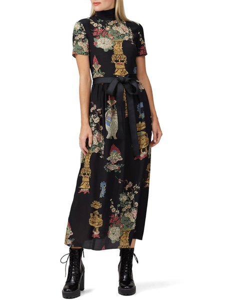 

Floral Elegant Regular Fit Dress With Belt, Black, Maxi Dresses