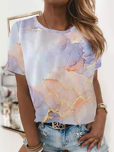

Basic daily home beach gradient water ripple marble stone print loose top T-shirt Plus Size, Pink, T-Shirts
