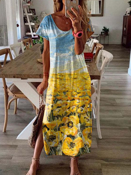 

Floral Printing Regular Fit Round Neck Short Sleeve Midi Dresses, Yellow, Dresses