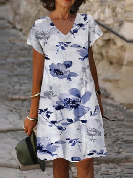 

Floral V Neck Short Sleeve Woven Dress, Blue, Dresses