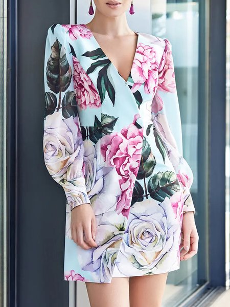 

Elegant Vacation Long Sleeve Floral Dress, As picture, Mini Dresses