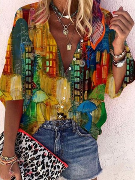 

Shirt Collar Vacation floral Loosen Shirts & Tops, Black, Shirts & Blouses