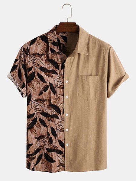 

Men's Contrast Color Leaf Short Sleeve Shirt, As picture, Shirts ＆ Blouse