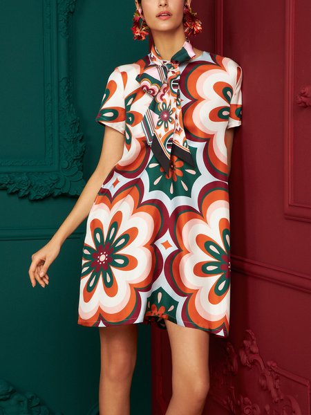 

Vacation Short Sleeve Crew Neck Floral Mini Dress, Multicolor, Mini Dresses
