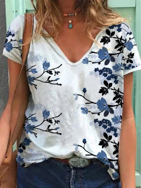 Casual Floral Short Sleeve V Neck Plus Size Printed Tops T-shirts, Blue, T-Shirts