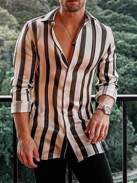 

Casual Style American All-match Basic Striped Shirt, Black, Long Sleeve Basic Shirts