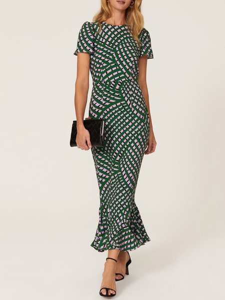 

Geometric Short Sleeve Fitted Dress, Green, Maxi Dresses