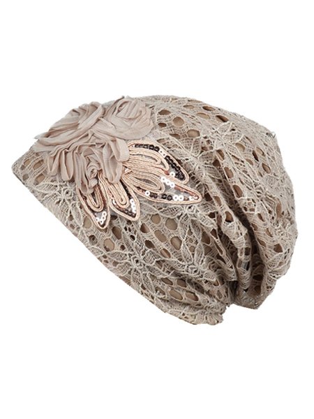 

Lace Flower Sequin Hat, Beige, Hats