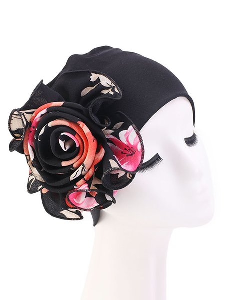 Bamboo Fiber Flower Turban Hat, Black-red, Hats