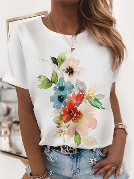 

Floral Crew Neck Casual Short Sleeve T-Shirt, White, T-Shirts