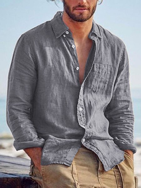 

Men's Lapel Cardigan Cotton Linen Loose Casual Retro Shirt, Light gray, Men's basic shirt