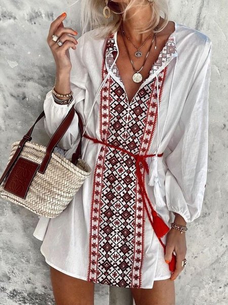 

Boho Tribal Long Sleeve V Neck Tassel Loosen Dress, White, Mini Dresses