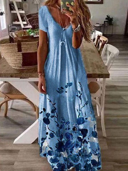 

Loosen Romantic Vacation Floral Printed Cotton Blends V Neck Short Sleeve Maxi Knit Dress, Flower, Maxi Dresses