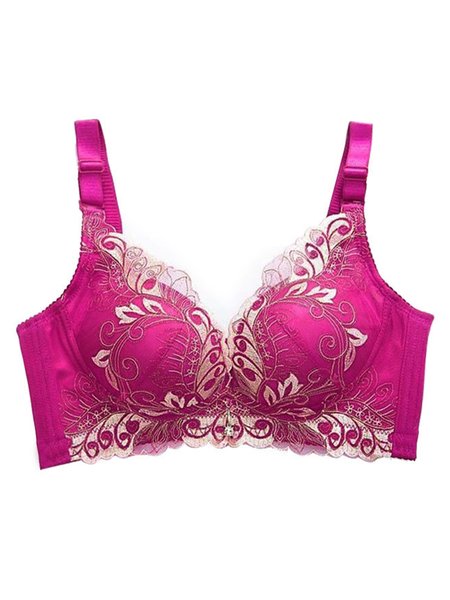 

Gold Lace Embroidered Sexy Adjustable Push Up Thin Bottom Thick No Steel Ring Bra Plus Size, Rose red, Bra&Bra Sets