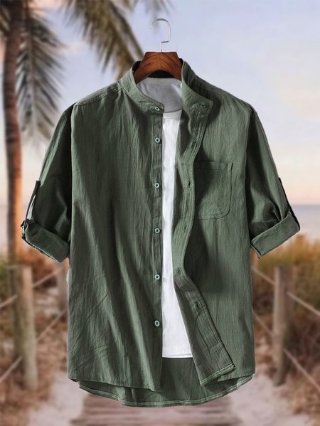 

Men's Cotton Linen Style Stand Collar Shirt, Army green, Shirt