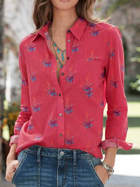 

Shirt Collar Floral Casual Long Sleeve Blouse, Red, Shirts & Blouses