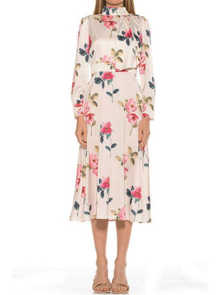 

Stand Collar Satin Floral Elegant Long Sleeve Woven Dress, Apricot, Midi Dresses