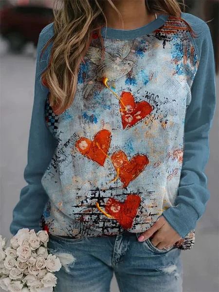 

Casual Loosen Heart Crew Neck Long Sleeve T-Shirt, Blue, Long sleeve tops
