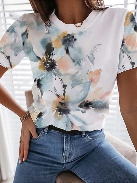 

Floral Crew Neck Casual Short Sleeve T-Shirt, White, T-Shirts