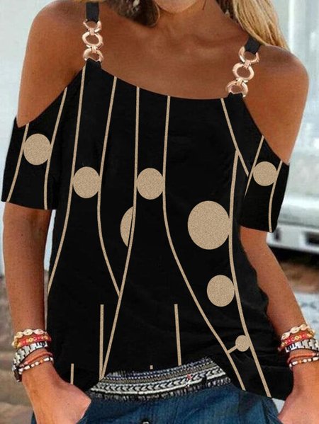 

JFN U Neck Cold Shoulders Casual T-Shirt/Tee, Black, T-Shirts