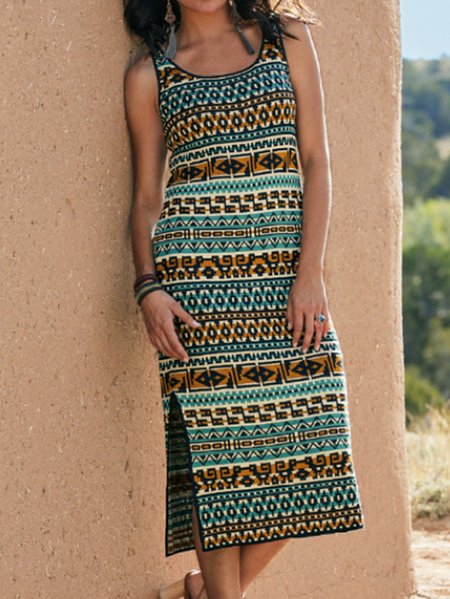 

Crew Neck Geometric Tribal Short Sleeve Knit Dress, Blue, Midi Dresses