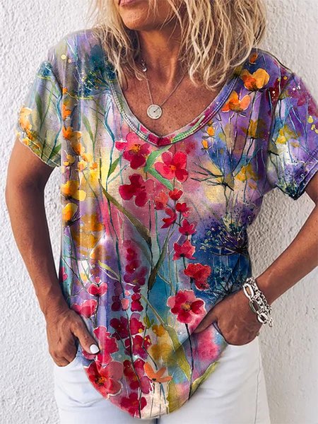 

Floral V Neck Casual Short Sleeve T-Shirt, Multicolor, T-Shirts