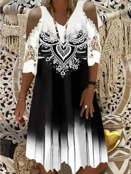 

Woven Casual Cotton Blends Short Sleeve Dress, Black-white, Dresses