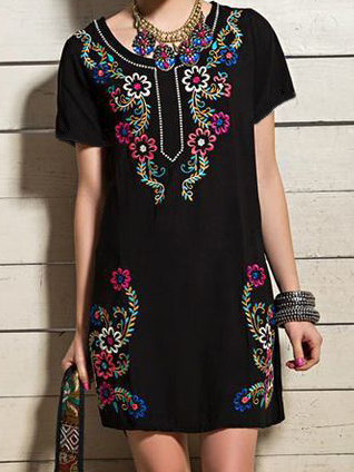 

Crew Neck Short Sleeve Knit Dress, Black, Mini Dresses
