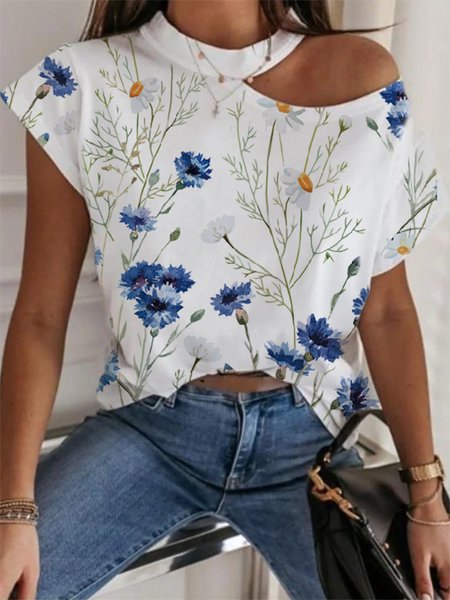 

Floral Halter Casual Short Sleeve T-Shirt, White, T-Shirts