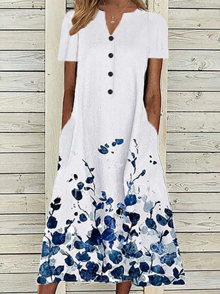 

Casual V neck Floral Short Sleeve Woven Dress, White, Midi Dresses