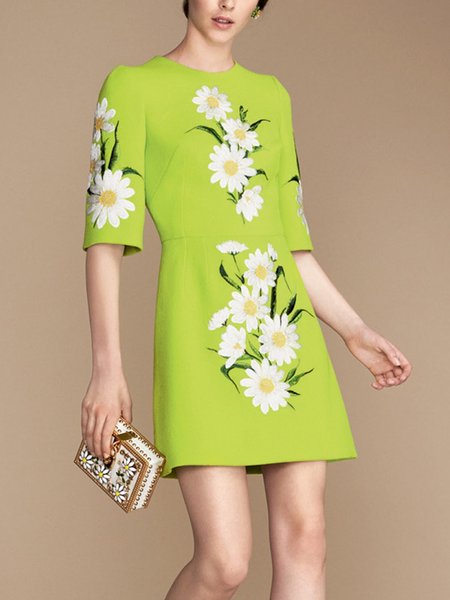 

Lady Floral Crew Neck Long Sleeve Mini Dress, Green, Midi Dresses