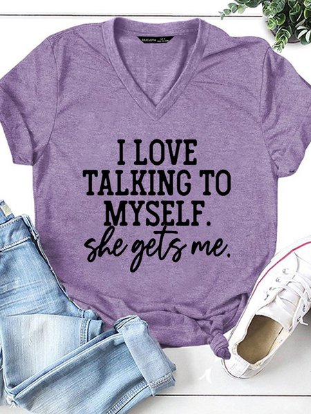 

Funny I Love Talking To Myself V Neck Letter Short Sleeve T-Shirt, Purple, T-shirts