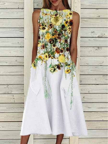 

Floral Casual Short Sleeve Woven Dress, White, Dresses