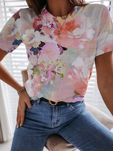 

Casual Floral Print Spring New Hot Designer Women's Short Sleeve Tops, Multicolor, T-Shirts