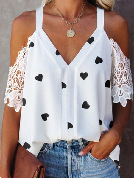 

Casual Geometric V Neck Short Sleeve Tops, White, T-Shirts