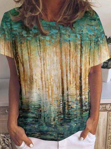 

Abstract Gradient Landscape Print Short Sleeve T-Shirt, As picture, T-shirts