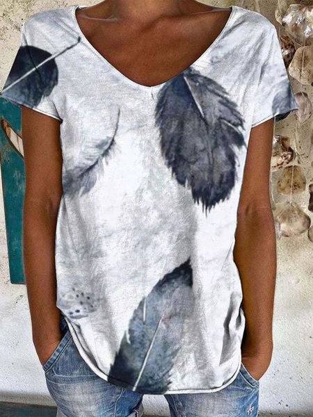 

V Neck Leaves Short Sleeve T-Shirt, White, T-Shirts