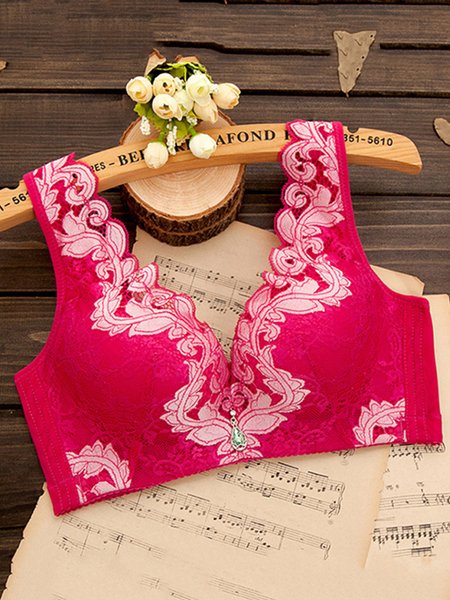 

JFN Push Up Sexy Lace Beauty Top Wireless Bra Plus Size, Deep pink, Bra&Bra Sets