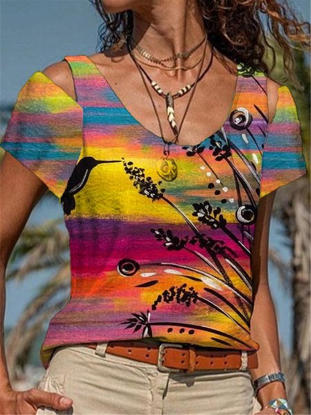 

Ombre Floral Casual Cotton Blends Short Sleeve Tops, Multicolor, T-Shirts