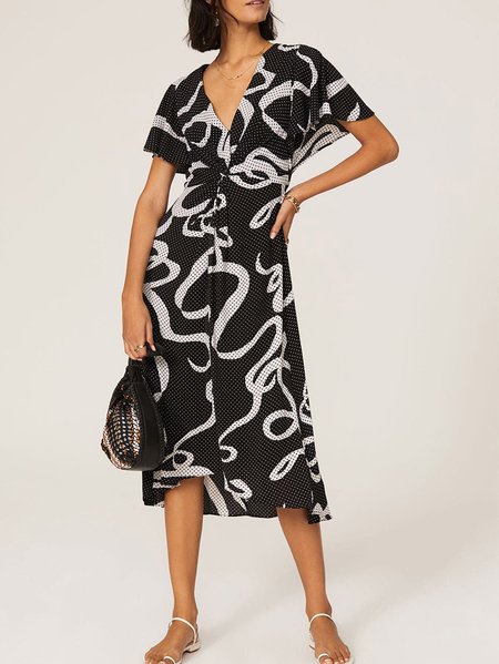 

Polka Dots Vacation Regular Fit Short Sleeve Dress, Black, Midi Dresses