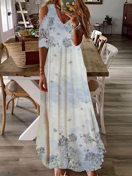 

Plus size Casual Short Sleeve Floral Dress, Blue, Maxi Dresses