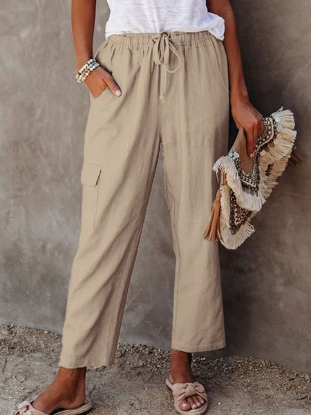 

Plain, patternless, elastic waist pocket, loose cotton pants Plus Size, Khaki, Pants
