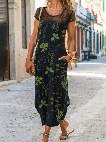 

Casual Floral Short Sleeve Knit Dress, Black, Dresses