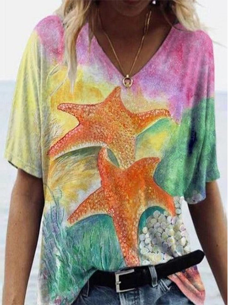 

Vacation V Neck Short Sleeve T-Shirt, Multicolor, T-Shirts